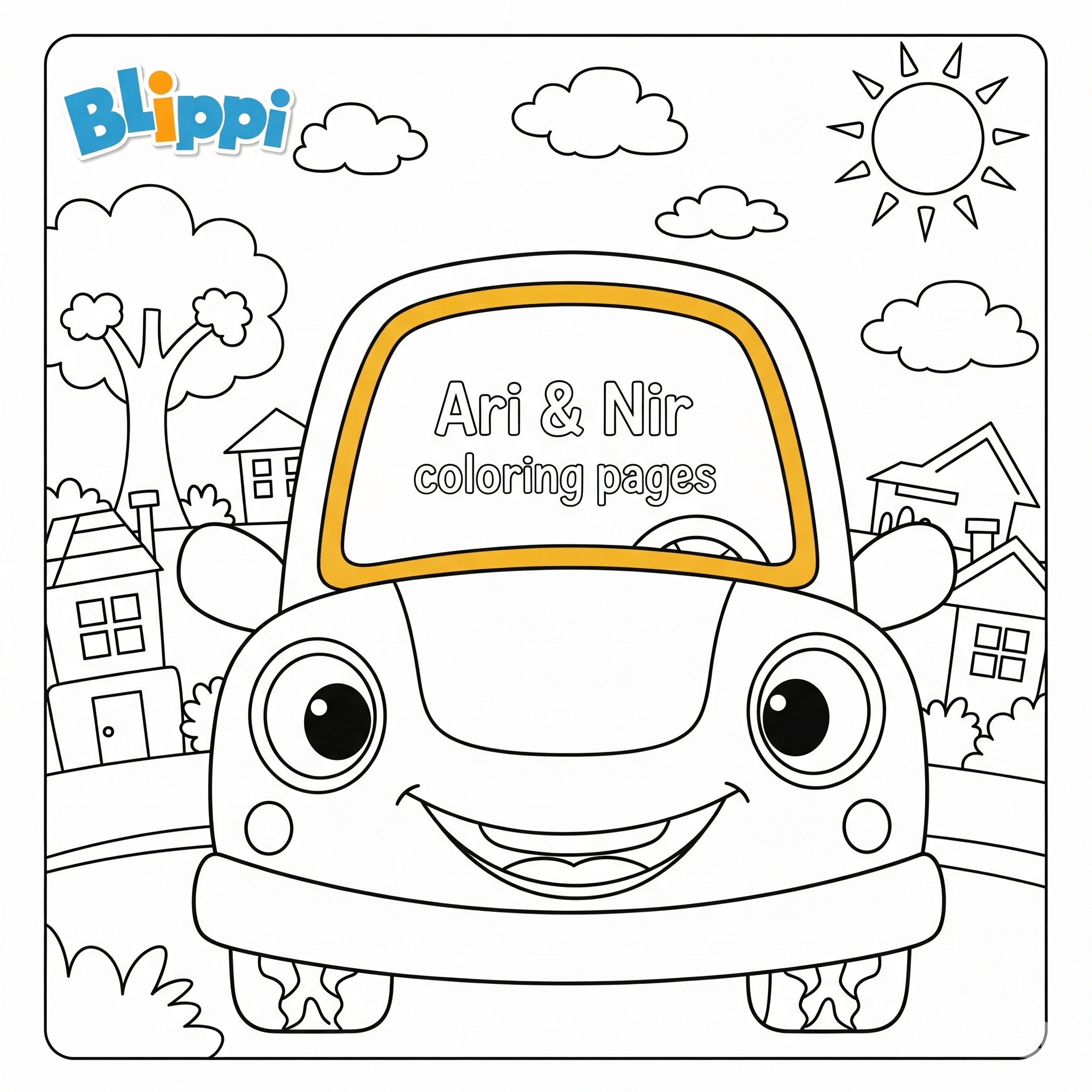 Coloring page of a happy cartoon car