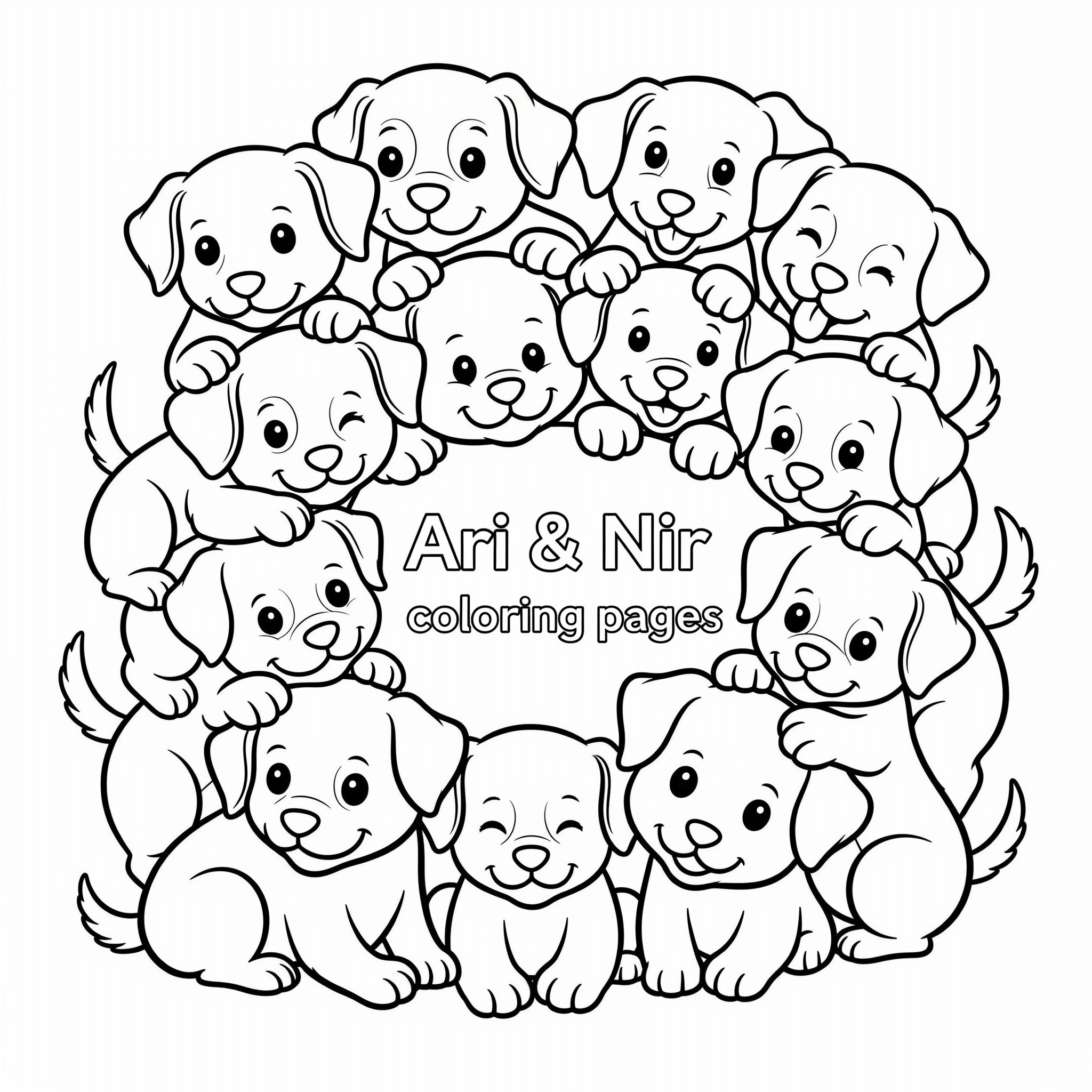 Coloring page of puppies hugging